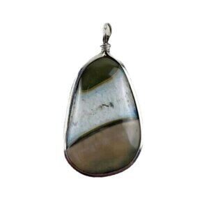 Polished Stone Pendant Silver Tone Natural Look Bohemian Hippie Large